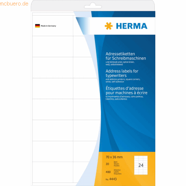HERMA Adress-Etiketten 70x36mm auf A4-Blättern Ecken spitz VE=480 Stüc