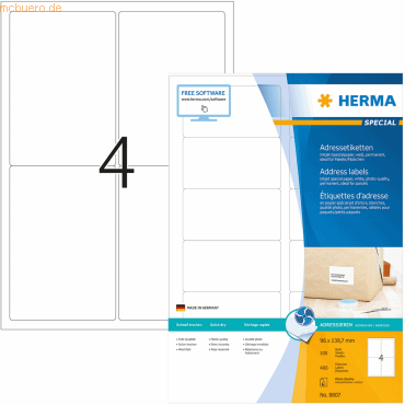 HERMA Inkjet-Etiketten wei 96x139,7mm Special A4 VE=400 Stck