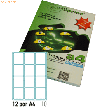 Rillstab Universaletiketten Rillprint wei 63,5x72,0mm A4 VE=1200 Etik