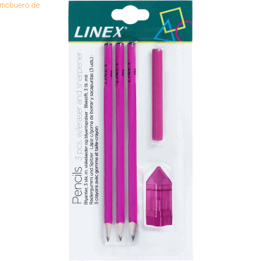 12 x Linex Bleistiftsets VE=3 Stifte, Radiergummi, Anspitzer pink