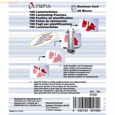 Olympia Laminierfolien Visitenkarten 80 mic. VE=100 Stück