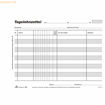RNK Tagelohnzettelblock A5 quer 3x50 Blatt