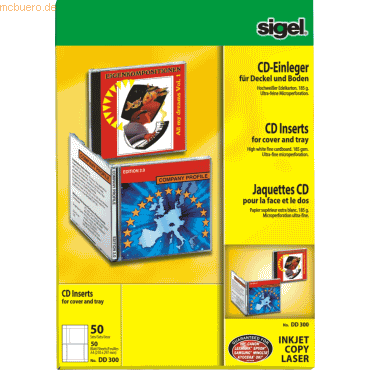 Sigel CD-Einleger fr Deckel und Boden A4 185g/qm hochwei VE=50 Blatt