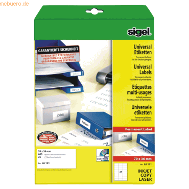 Sigel Etiketten Inkjet/Laser Kopier 70x36mm VE=600 Stck (25 Blatt) we