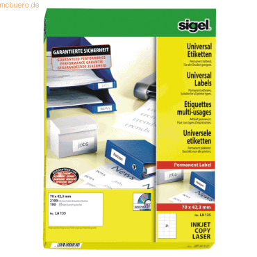 Sigel Etiketten Inkjet/Laser Kopier 70x42,3mm VE=2100 Stck (100 Blatt