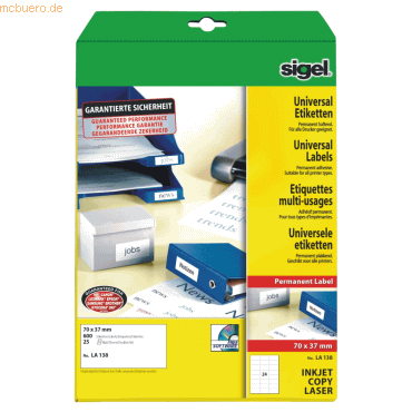 Sigel Etiketten Inkjet/Laser Kopier 70x37mm VE=600 Stck (25 Blatt) we