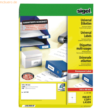 Sigel Etiketten Inkjet/Laser Kopier 105x48mm VE=1200 Stck (100 Blatt)