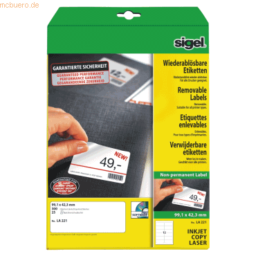 Sigel Etiketten Inkjet/Laser Kopier 99,1x42,3mm ablsbar VE=300 Stck