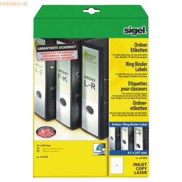Sigel Ordner-Etiketten Inkjet/Laser Kopier 61x297mm VE=75 Stck (25 St