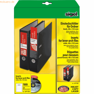 Sigel PC-Einsteckschilder fr Ordner 48x153 A4 185g/qm breit wei VE=1