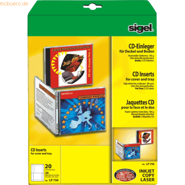 Sigel CD-Einleger fr Deckel und Boden A4 185g/qm hochwei VE=20 Blatt