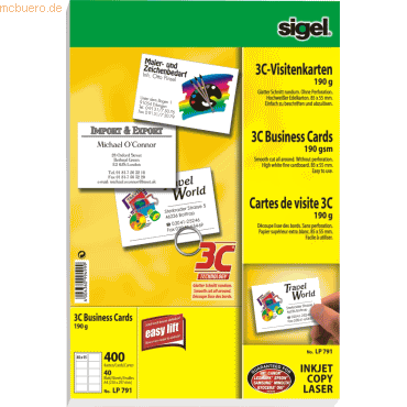 Sigel Visitenkarten 3C Ink/Laser/Copy 190g/qm hochweiß VE=400 Stück