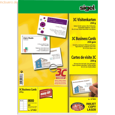 Sigel Visitenkarten 3C Ink/Laser/Copy 250g/qm hochweiß VE=800 Stück