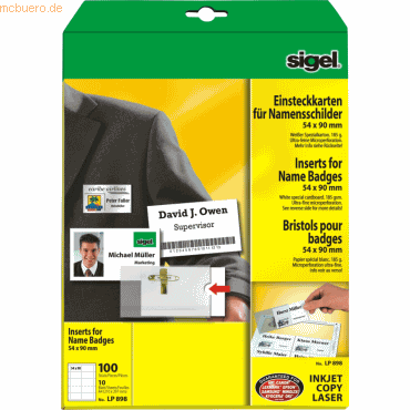 Sigel PC-Einsteckkarten fr Namensschilder 54x90 A4 185g/qm wei VE=10
