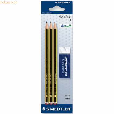 10 x Staedtler Bleistift Noris HB 3 Stck + Radierer auf Blisterkarte