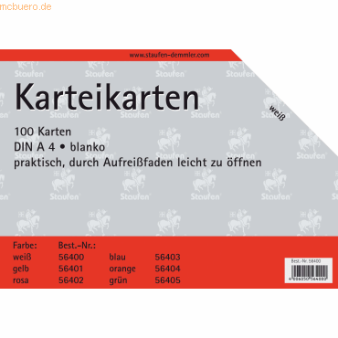 Staufen Karteikarten A4 blanko 180g/qm wei VE=100 Stck