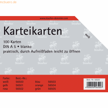 Staufen Karteikarten A5 blanko 180g/qm wei VE=100 Stck