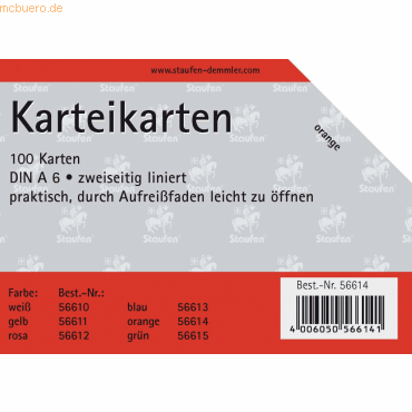 Staufen Karteikarten A6 liniert 180g/qm orange VE=100 Stck