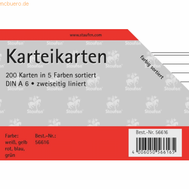 Staufen Karteikarten A6 liniert 180g/qm sortiert VE=200 Stck
