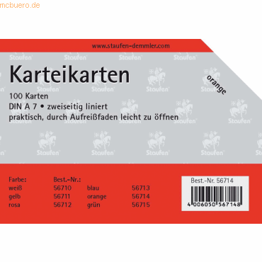 Staufen Karteikarten A7 liniert 180g/qm orange VE=100 Stck
