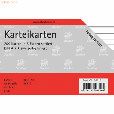 Staufen Karteikarten A7 liniert 180g/qm sortiert VE=200 Stck