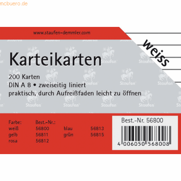 Staufen Karteikarten A8 liniert 190g/qm wei VE=200 Stck