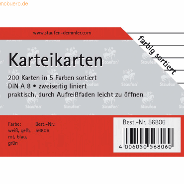 Staufen Karteikarten A8 liniert 180g/qm sortiert VE=200 Stck