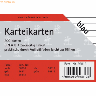 Staufen Karteikarten A8 liniert 180g/qm blau VE=200 Stck