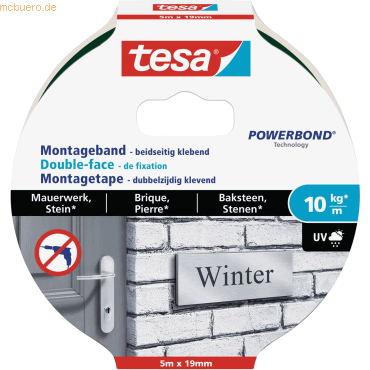 10 x Tesa Montageband für Mauerwerk und Stein 5mx19mm (10kg/m) transpa