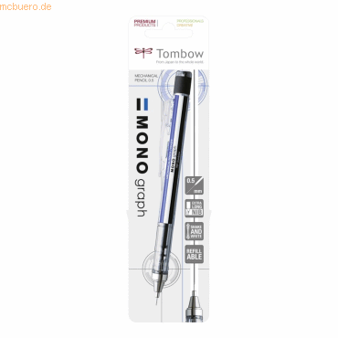 5 x Tombow Feinminenstift Mono Graph 0,5mm blau/wei/schwarz Blister