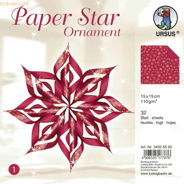 Ludwig Bhr Papier Stern Ornament Set 1 110g/qm 15x15cm 32 Blatt rot