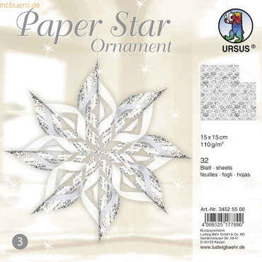 Ludwig Bhr Papier Stern Ornament Set 3 110g/qm 15x15cm 32 Blatt silbe
