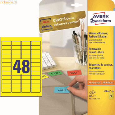 Etiketten Inkjet/Laser/Kopier 45,7x21,2mm VE=960 Stück gelb Etiketten Inkjet/Laser/Kopier 45,7x21,2mm VE=960 Stück gelb