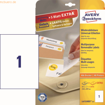 Etiketten Inkjet/Laser/Kopier 210x297mm wiederablösbar VE=30 Stück weiß Etiketten Inkjet/Laser/Kopier 210x297mm wiederablösbar VE=30 Stück weiß