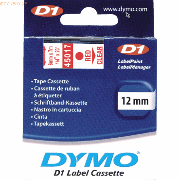 Etikettenband Dymo D1 12mm/7m rot/transparent