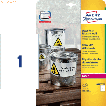 Etiketten Laser/Kopier wetterfest 210x297mm weiß VE=20 Stück Etiketten Laser/Kopier wetterfest 210x297mm weiß VE=20 Stück