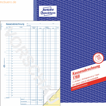 Formularbuch Kassenabrechnung A4 mit MwSt.-Spalte 2x40 Blatt mit Ausfüllhilfe Formularbuch Kassenabrechnung A4 mit MwSt.-Spalte 2x40 Blatt mit Ausfüllhilfe