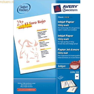 Inkjet-Papier Classic A4 120g/qm matt beschichtet VE=150 Blatt Inkjet-Papier Classic A4 120g/qm matt beschichtet VE=150 Blatt