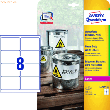 Folienetiketten wetterfest 99,1x67,7mm VE=20 Bogen/160 Etiketten weiß Folienetiketten wetterfest 99,1x67,7mm VE=20 Bogen/160 Etiketten weiß