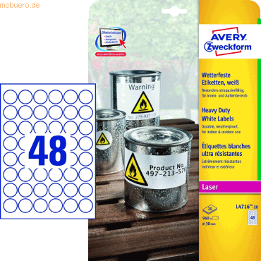 Folienetiketten wetterfest Durchmesser 30mm VE=20 Bogen/960 Etiketten weiß Folienetiketten wetterfest Durchmesser 30mm VE=20 Bogen/960 Etiketten weiß