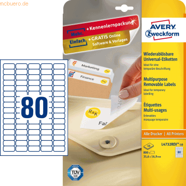 Etiketten 35,6x16,9mm ablösbar weiß VE=800 Stück Etiketten 35,6x16,9mm ablösbar weiß VE=800 Stück