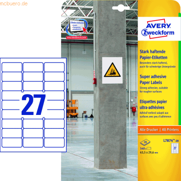 Papier-Etiketten stark haftend 63,5x29,6mm VE=20 Bogen/540 Etiketten weiß Papier-Etiketten stark haftend 63,5x29,6mm VE=20 Bogen/540 Etiketten weiß