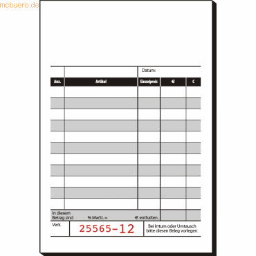 4004360973444 - Formularbuch Kassenblock mit Additionsblatt fortl nummeriert Nr KC620 100 x 150 2-fach 4004360973444 Sigel