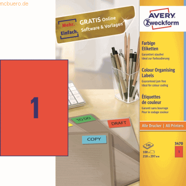 Avery Zweckform Etiketten Inkjet/Laser/Kopier 210x297mm VE=100 Stück r