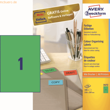 Avery Zweckform Etiketten Inkjet/Laser/Kopier 210x297mm VE=100 Stück g