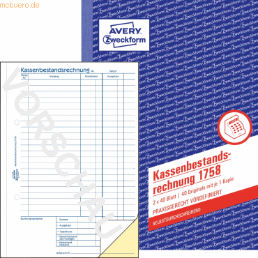 10 x Avery Zweckform Formularbuch Kassenbericht A5 2x40 Blatt mit Ausf