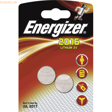 Energizer Knopfzellen CR2016 Lithium VE=2 Stück