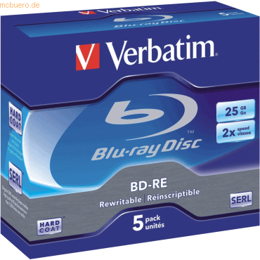 Verbatim DVD Rohlinge DVD BD-RE Blue-Ray 25GB im Jewel Case VE=5 Stück