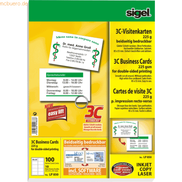 Sigel Visitenkarten Inkjet/Laser/Kopier 3C 225g/qm beidseitig VE=100 S