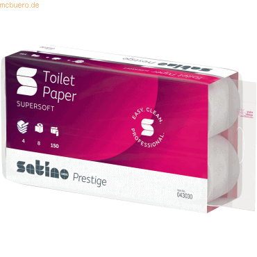 4000735323302 - Toilettenpapier Satino Prestige 043030 4-lagig hochweiß 150 Blatt Rolle 4000735323302 8 Rolle 4000735323302 - Toilettenpapier Satino Prestige 043030 4-lagig hochweiß 150 Blatt Rolle 4000735323302 8 Rolle